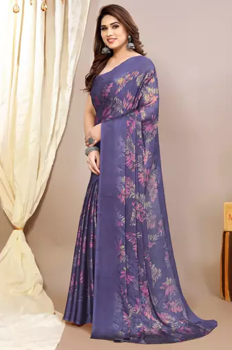 purple leaf floral print chiffon saree with blouse piece