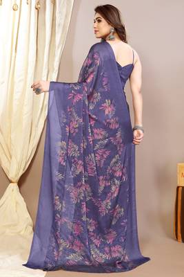 purple leaf floral print chiffon saree with blouse piece 4