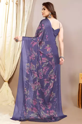purple leaf floral print chiffon saree with blouse piece