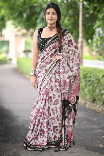 grey madhubani print pure cotton saree with blouse piece