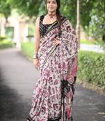 grey madhubani print pure cotton saree with blouse piece