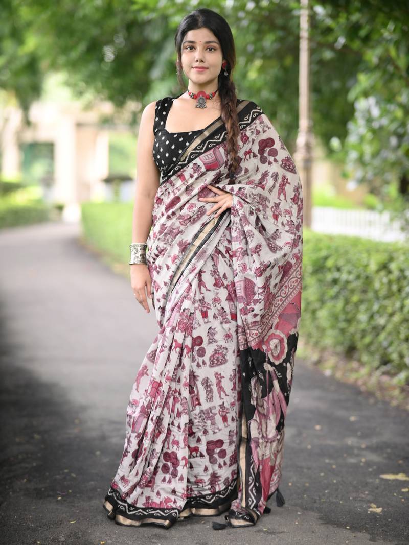 grey madhubani print pure cotton saree with blouse piece