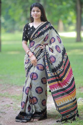 green block print pure cotton saree with blouse piece