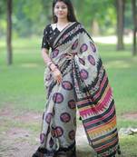 green block print pure cotton saree with blouse piece
