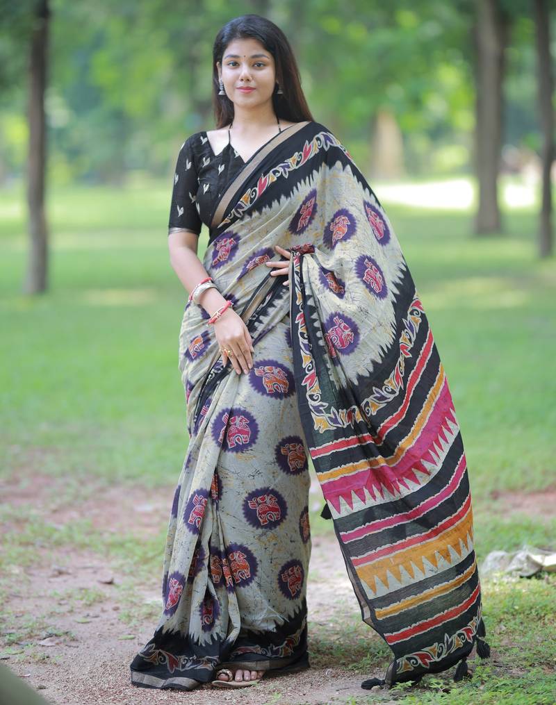 green block print pure cotton saree with blouse piece