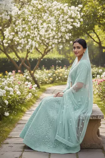 Aqua Blue Sequin Embroidered Net Lehenga Set