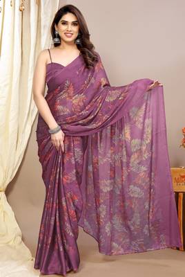 magenta leaf floral print chiffon saree with blouse piece 1