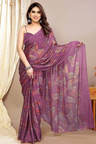 magenta leaf floral print chiffon saree with blouse piece