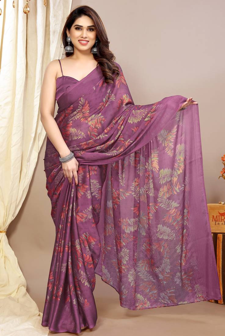 magenta leaf floral print chiffon saree with blouse piece