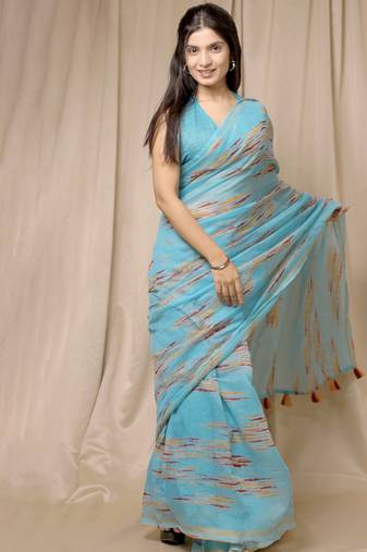 blue geometric print cotton blend saree with blouse piece