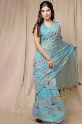 blue geometric print cotton blend saree with blouse piece