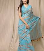 blue geometric print cotton blend saree with blouse piece