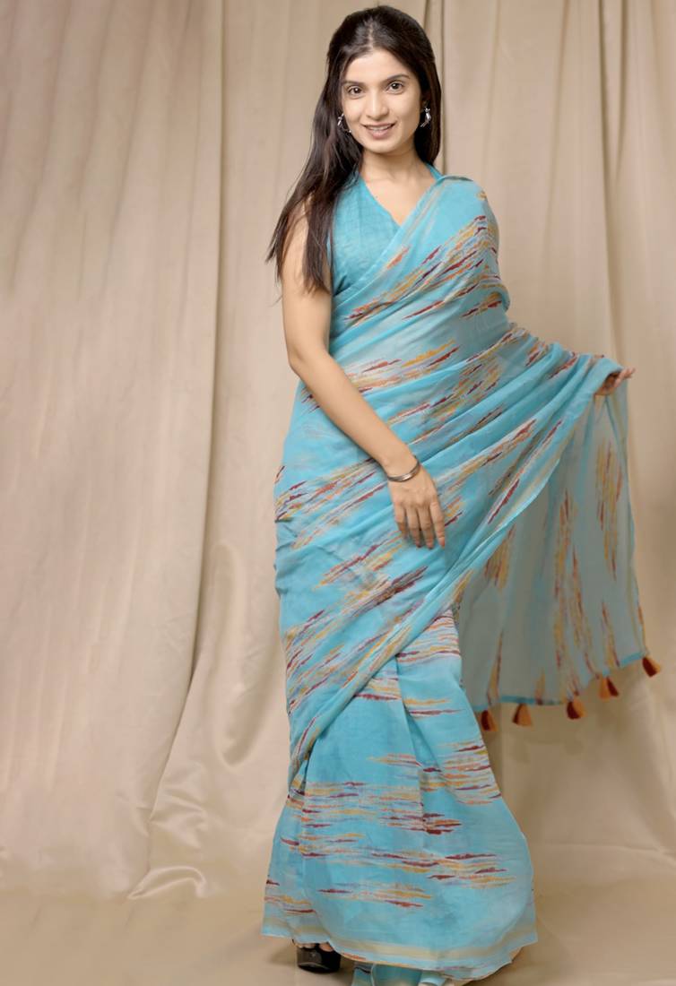 blue geometric print cotton blend saree with blouse piece