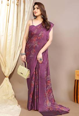 magenta leaf floral print chiffon saree with blouse piece 2