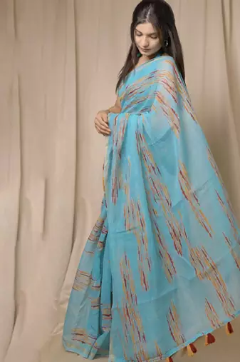 blue geometric print cotton blend saree with blouse piece