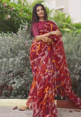 red geometric print cotton blend saree with blouse piece 1