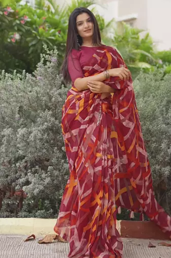 red geometric print cotton blend saree with blouse piece