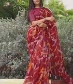 red geometric print cotton blend saree with blouse piece