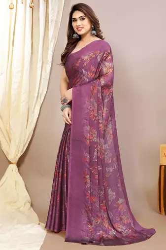 magenta leaf floral print chiffon saree with blouse piece