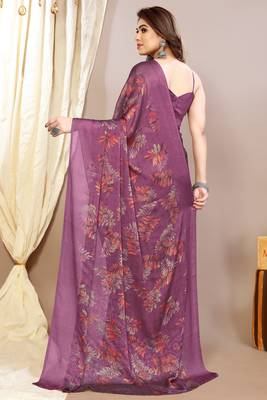 magenta leaf floral print chiffon saree with blouse piece 4