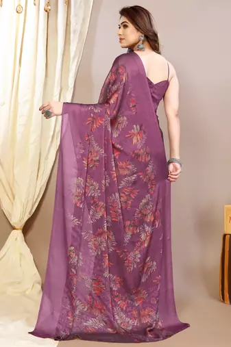 magenta leaf floral print chiffon saree with blouse piece