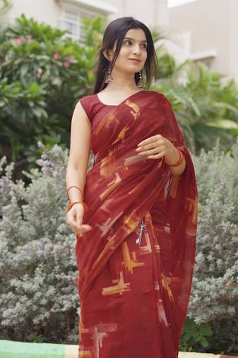 red geometric print cotton blend saree with blouse piece