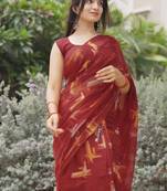 red geometric print cotton blend saree with blouse piece
