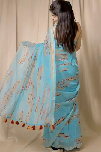 blue geometric print cotton blend saree with blouse piece