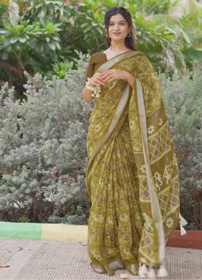turquoise shibori geometric print cotton blend saree with blouse piece 1