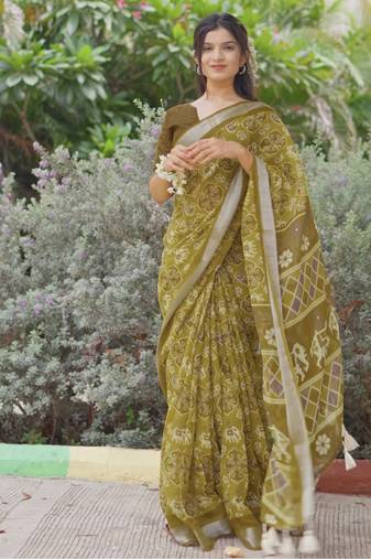 mustard ikkat patola print cotton blend saree with blouse piece