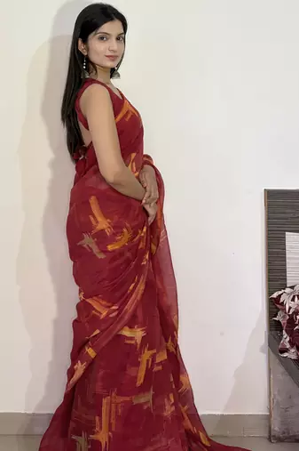 red geometric print cotton blend saree with blouse piece