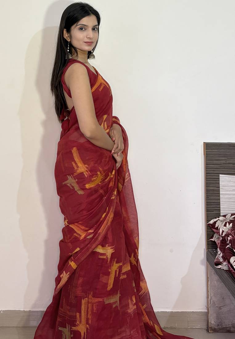 red geometric print cotton blend saree with blouse piece