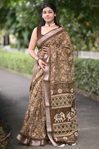 brown ikkat patola print cotton blend saree with blouse piece