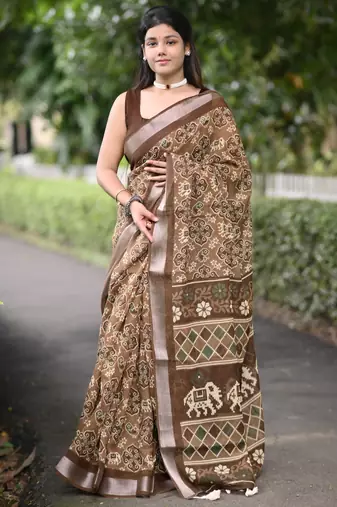 brown ikkat patola print cotton blend saree with blouse piece
