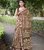 brown ikkat patola print cotton blend saree with blouse piece