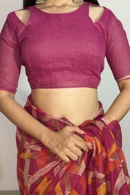 red geometric print cotton blend saree with blouse piece 5