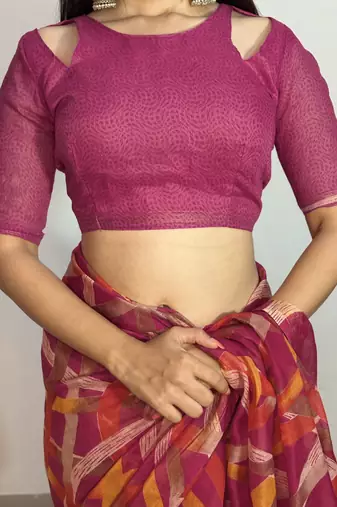 red geometric print cotton blend saree with blouse piece