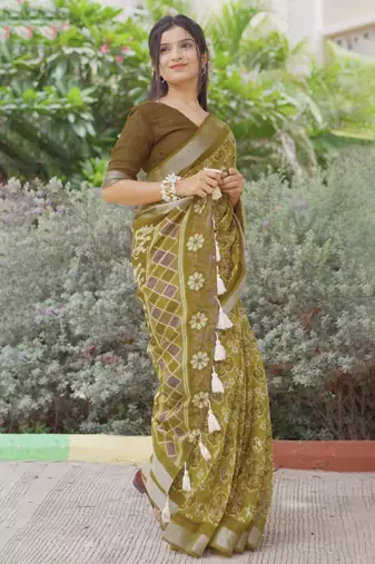 turquoise shibori geometric print cotton blend saree with blouse piece