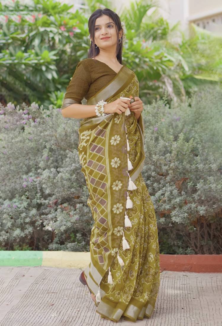 mustard ikkat patola print cotton blend saree with blouse piece