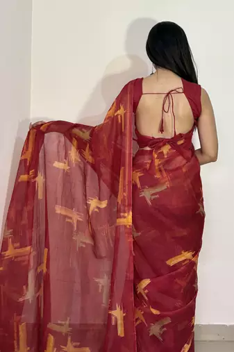 red geometric print cotton blend saree with blouse piece