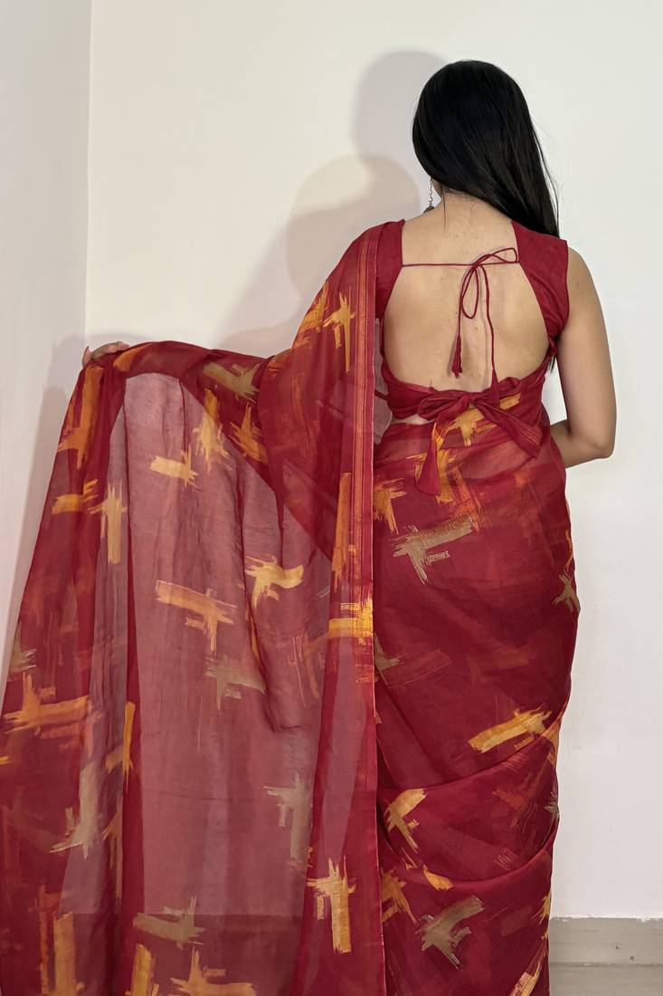 red geometric print cotton blend saree with blouse piece