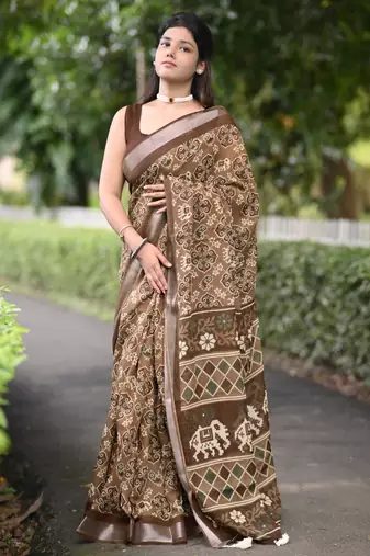 brown ikkat patola print cotton blend saree with blouse piece