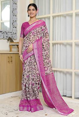 pink floral kalamkari  cotton blend saree with blouse piece 1