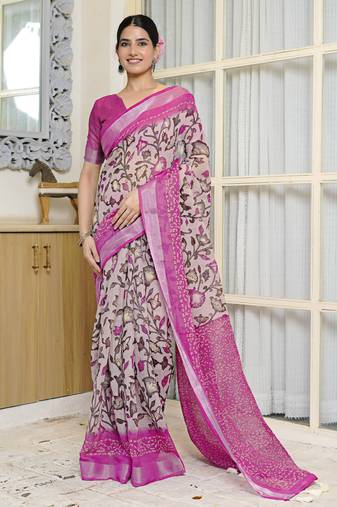 pink floral kalamkari  cotton blend saree with blouse piece