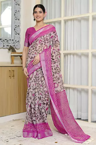pink floral kalamkari  cotton blend saree with blouse piece