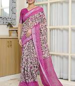 pink floral kalamkari  cotton blend saree with blouse piece