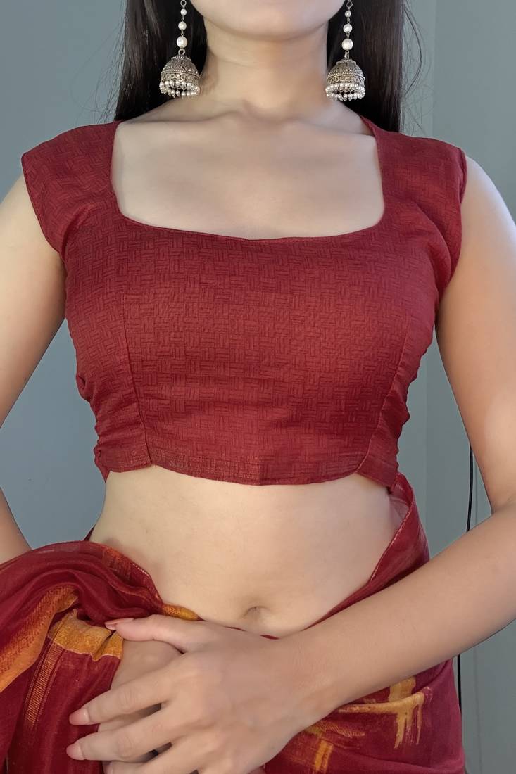 red geometric print cotton blend saree with blouse piece