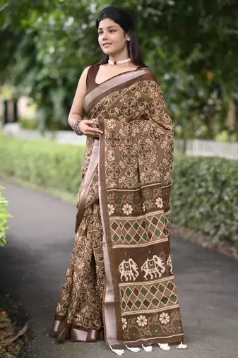 brown ikkat patola print cotton blend saree with blouse piece