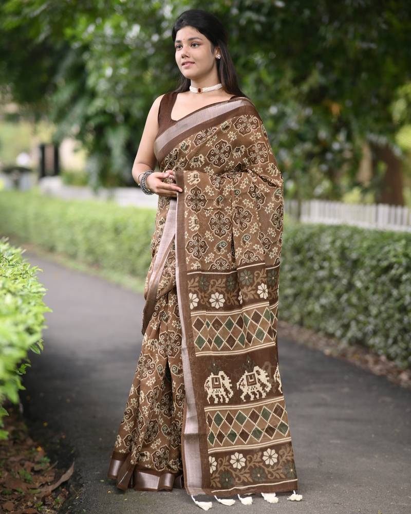 brown ikkat patola print cotton blend saree with blouse piece