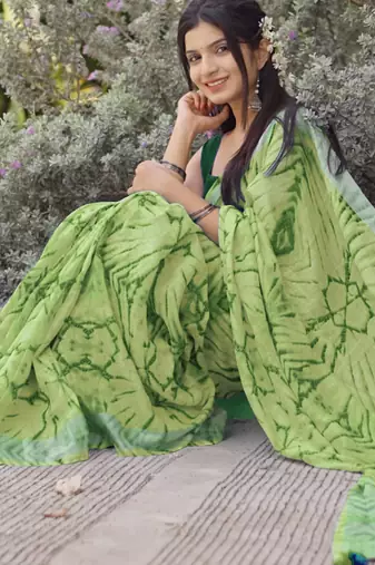 green shibori geometric print cotton blend saree with blouse piece